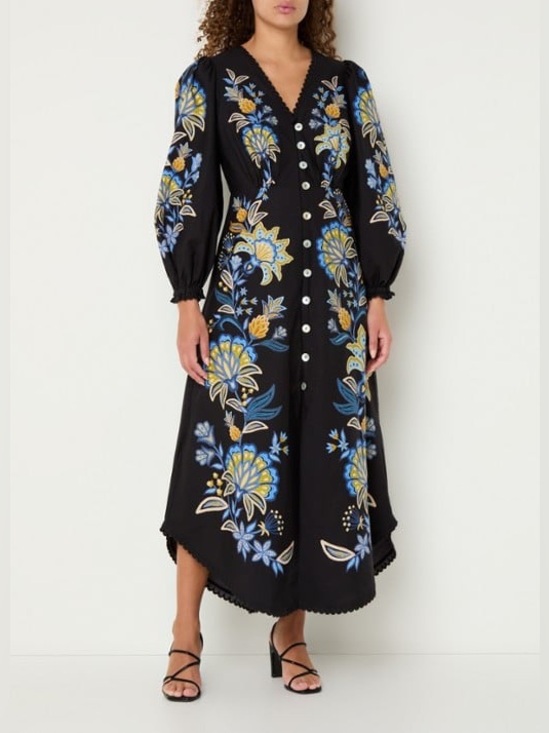 FARM Rio Dresses & Skirts - FARM Rio Stitched Garden Floral Black Midi Dress Fairycore Boho Women L Vacation
